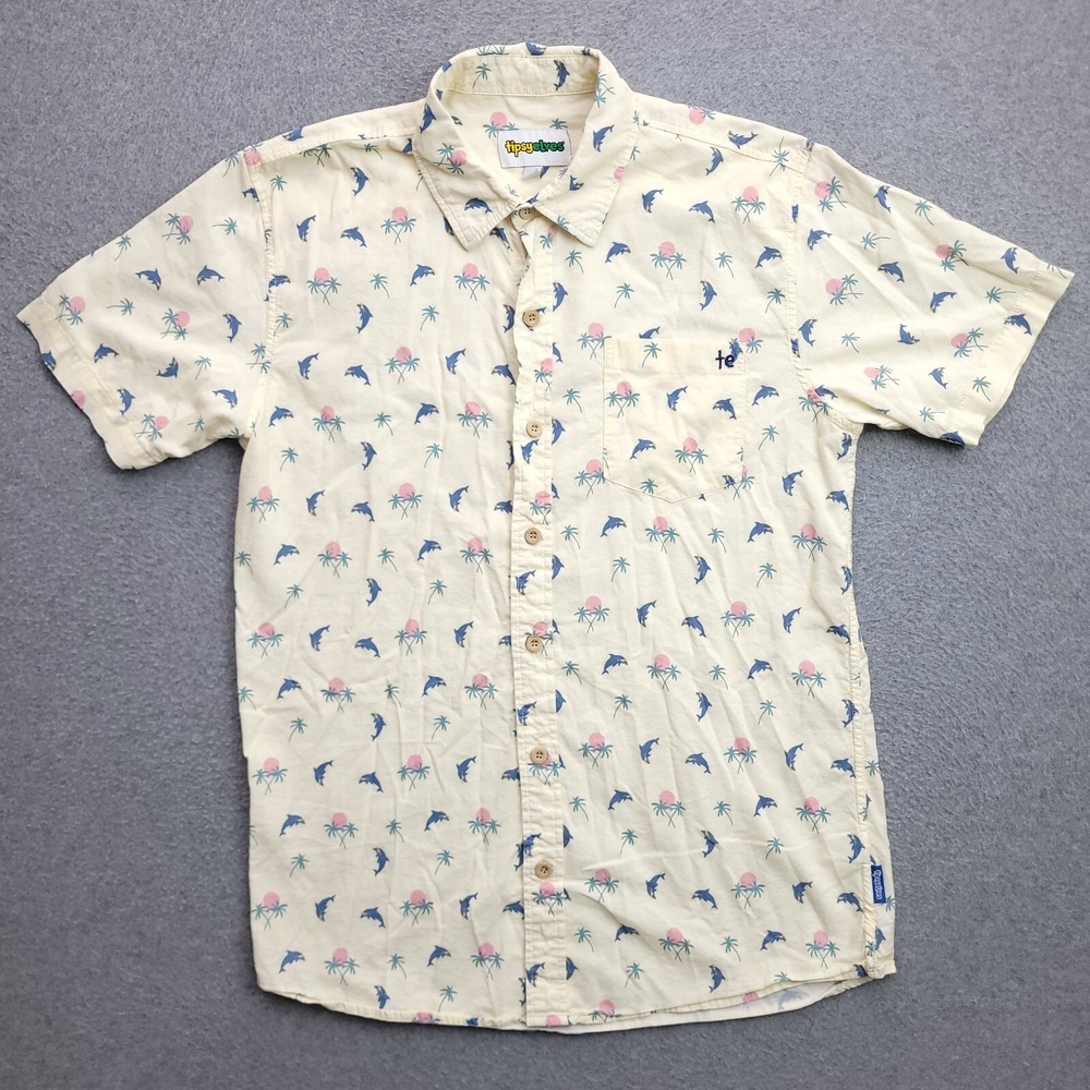 Tipsy Elves Hawaiian Shirt Medium Allover Dolphin Palms Yellow S/S Size Mens